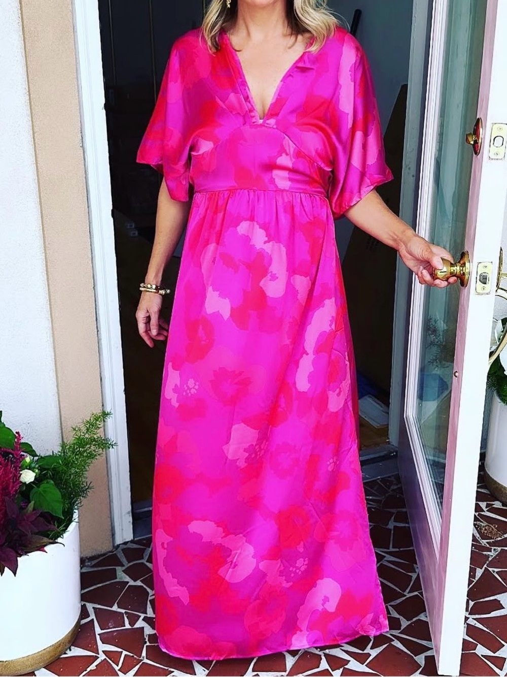 Pink & Red Floral V-Neck Maxi Dress
